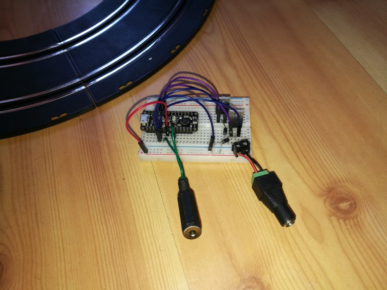 breadboarded electronics for switch adapted slot cars